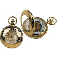 Reloj de bolsillo de viento de mano mecánico doble apertura Gold Tone